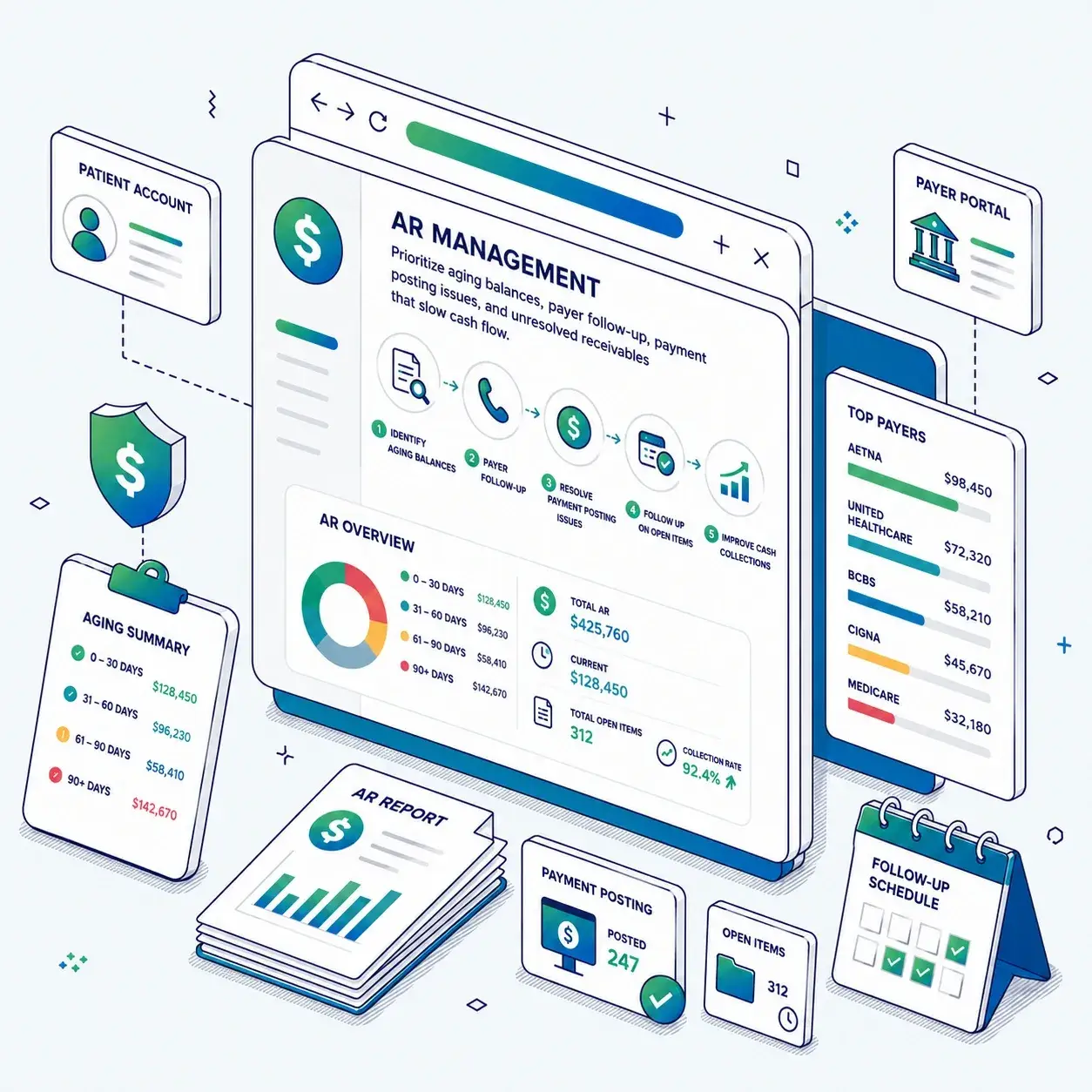 AR management workflow for healthcare accounts receivable, unpaid claims, payer follow-up, aging balances, and reimbursement recovery