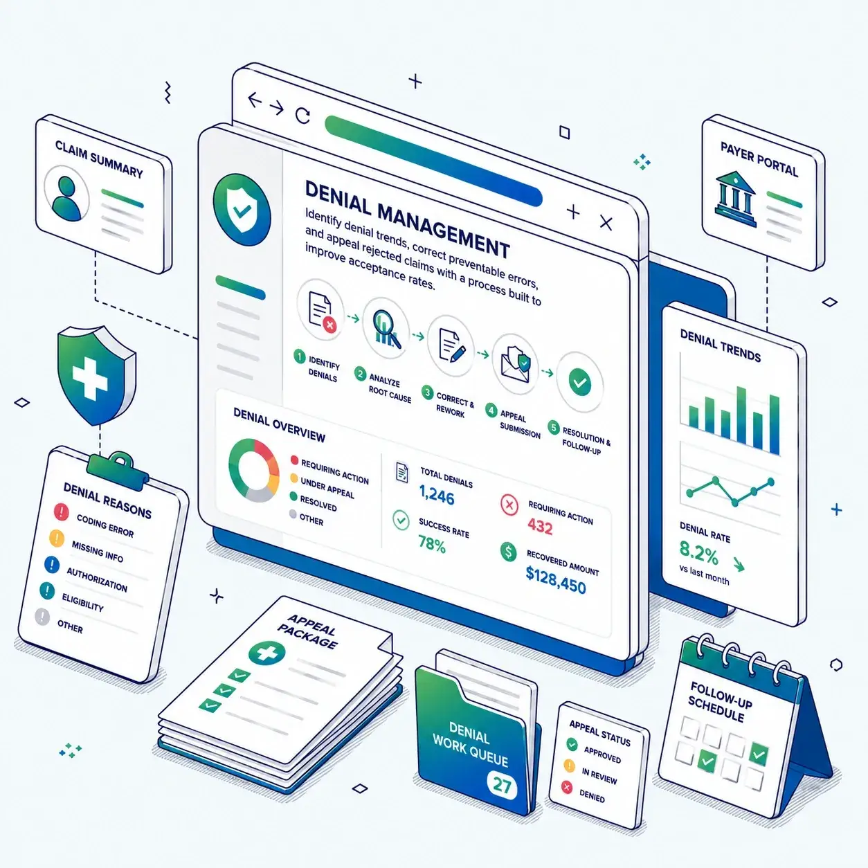 Denial management workflow for healthcare claim denials, appeals, corrected claims, payer rules, and denial prevention