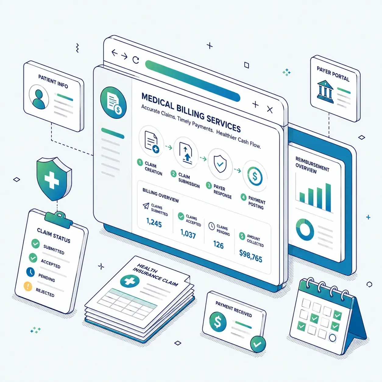 Medical billing workflow for claim submission, payer follow-up, payment posting, and reimbursement tracking