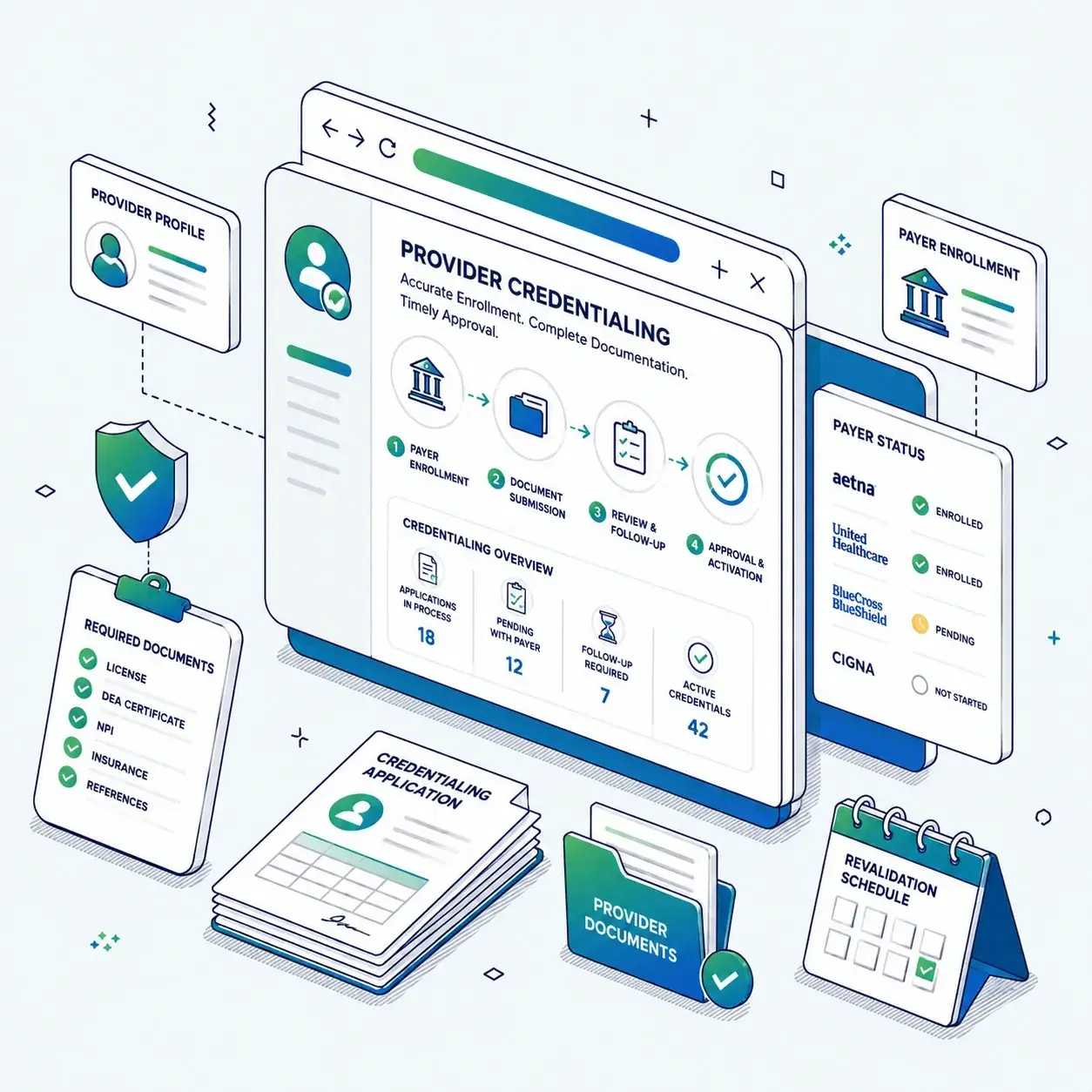 Provider credentialing workflow for payer enrollment, CAQH maintenance, application tracking, and healthcare reimbursement readiness